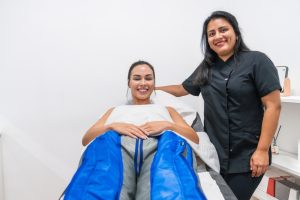 Young woman is laying down on a stretcher